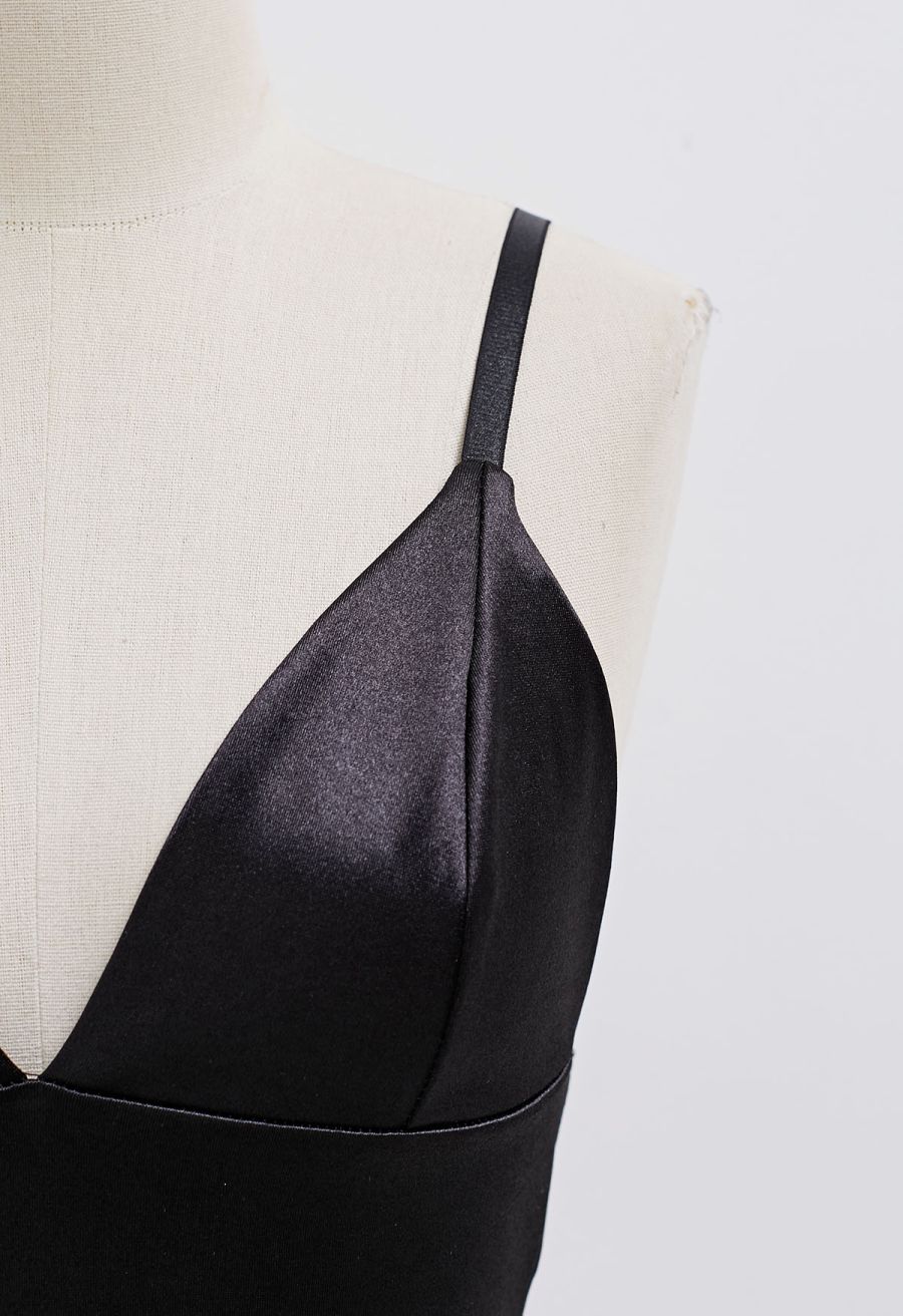 Satin Finish V-Neck Crop Cami Top in Black