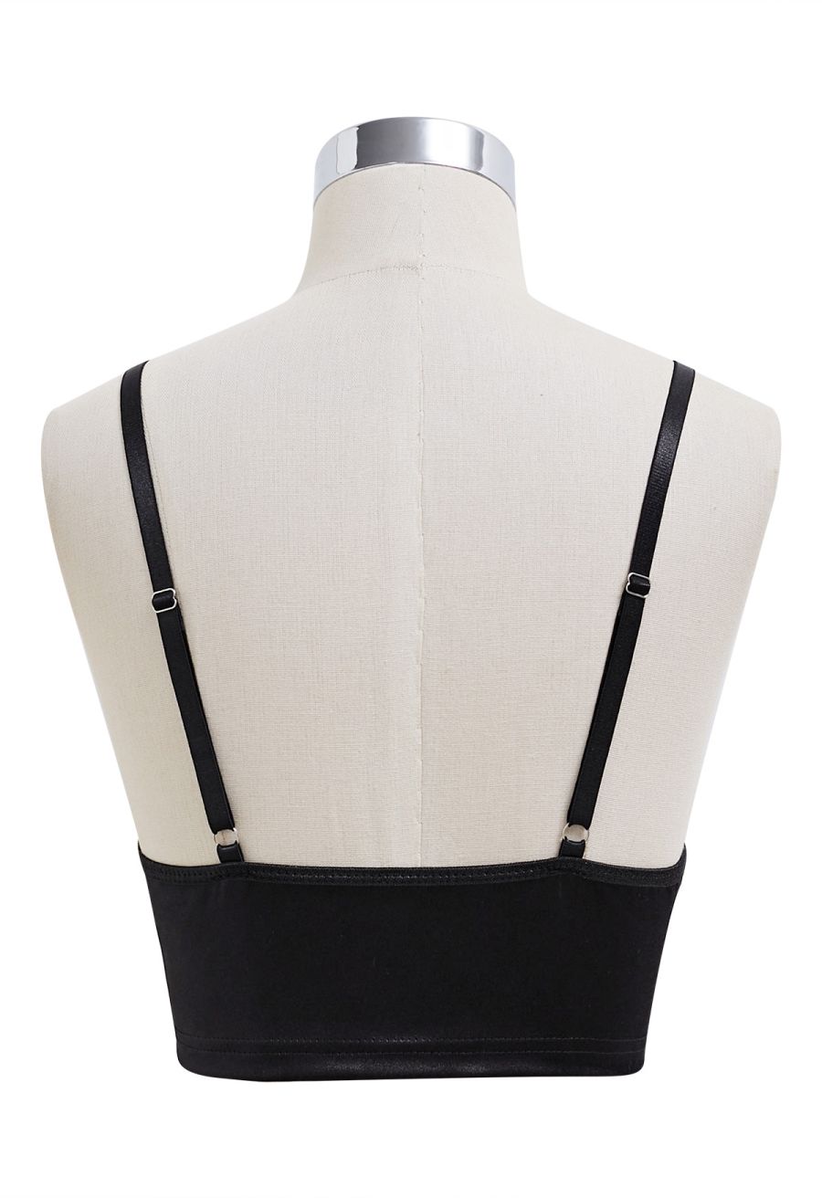 Satin Finish V-Neck Crop Cami Top in Black