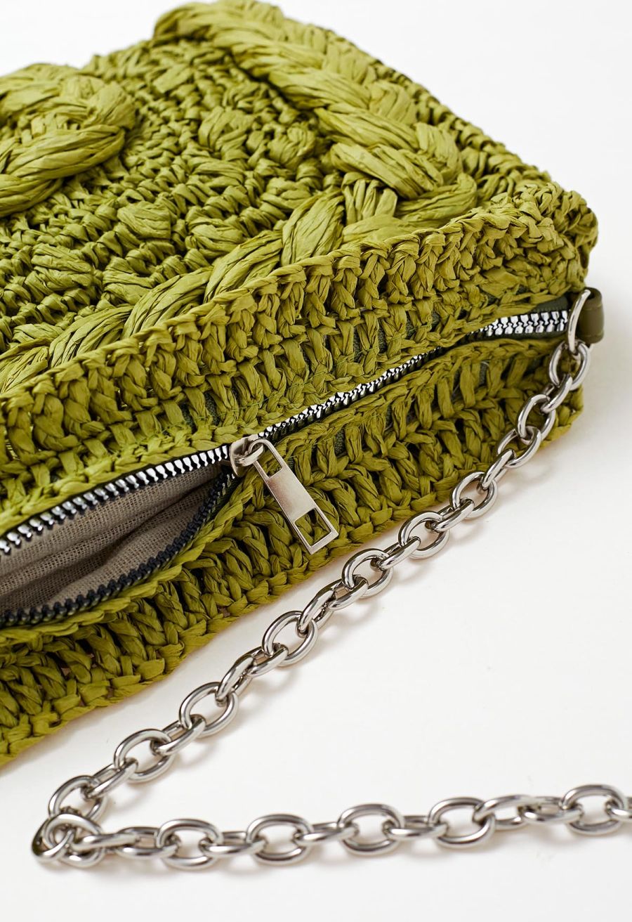 Braided Straw Shoulder Bag in Green
