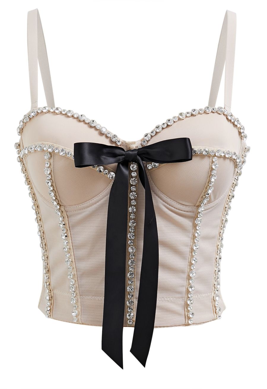 Bowknot Rhinestone Embellished Bustier Crop Top in Apricot