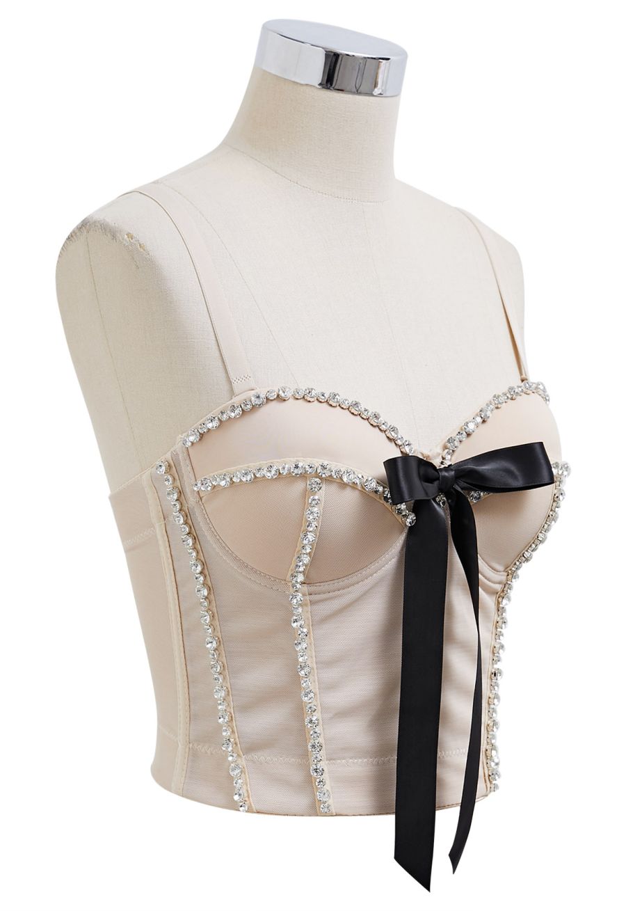 Bowknot Rhinestone Embellished Bustier Crop Top in Apricot