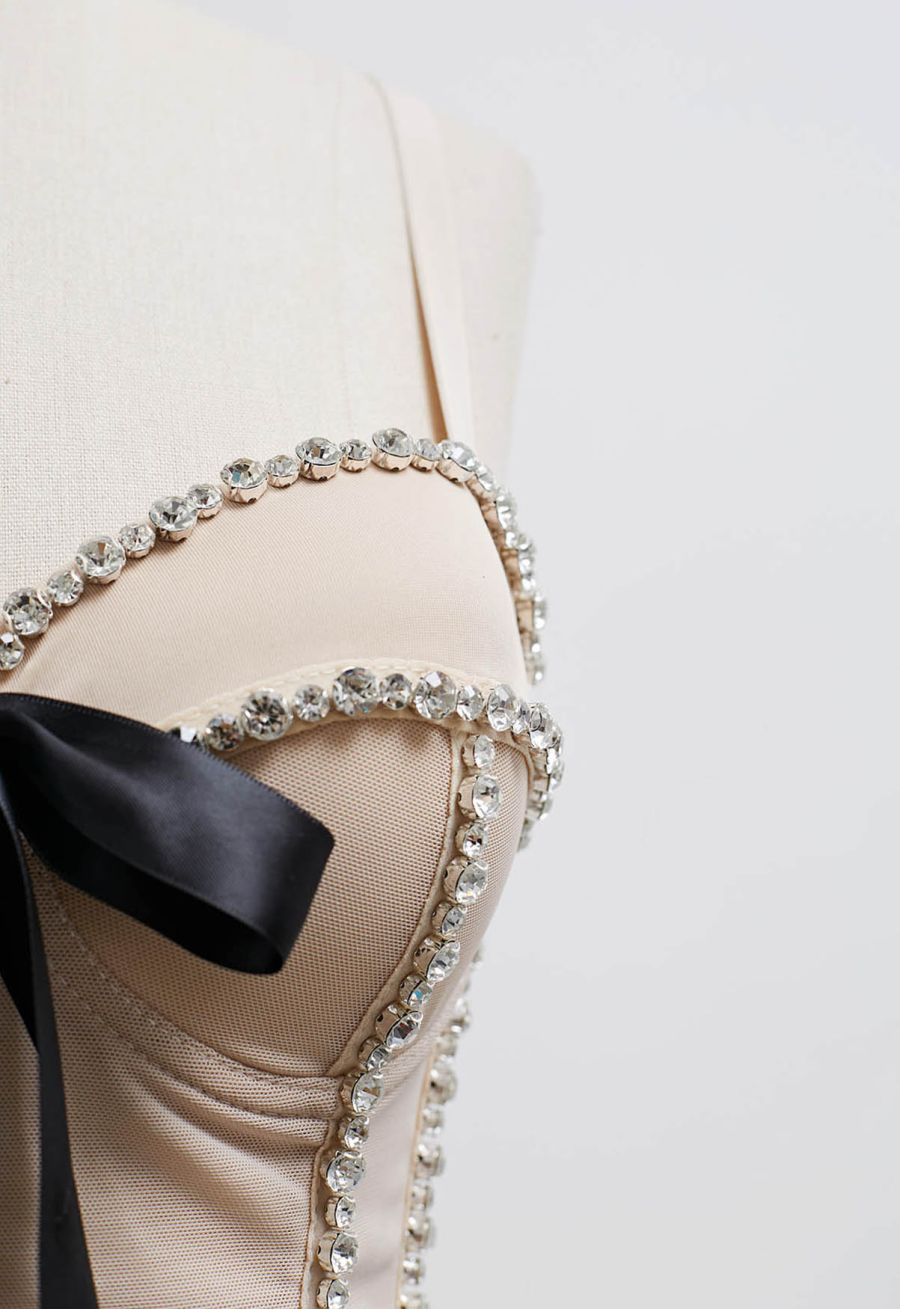 Bowknot Rhinestone Embellished Bustier Crop Top in Apricot