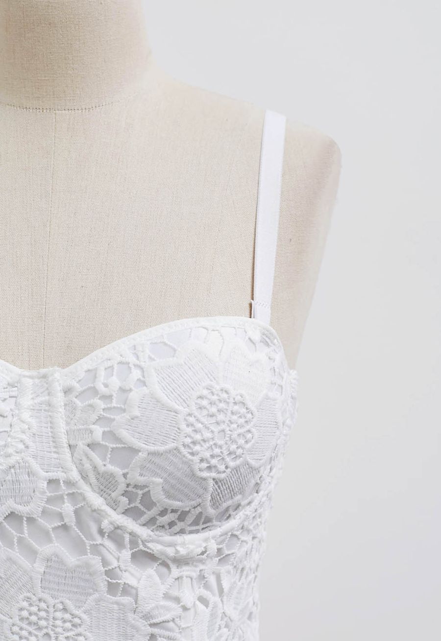 Floral Cutwork Lace Bustier Crop Top in White