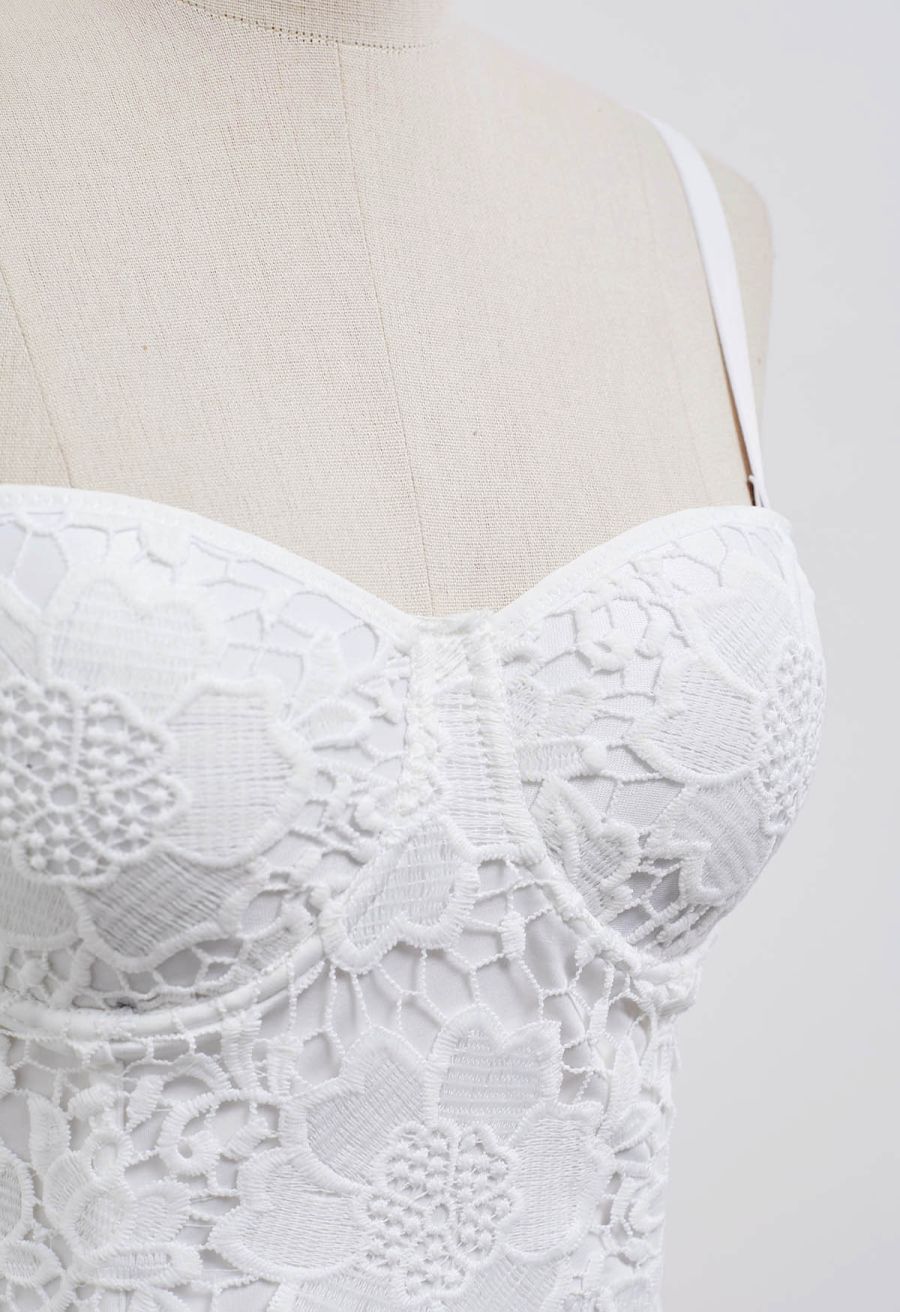 Floral Cutwork Lace Bustier Crop Top in White