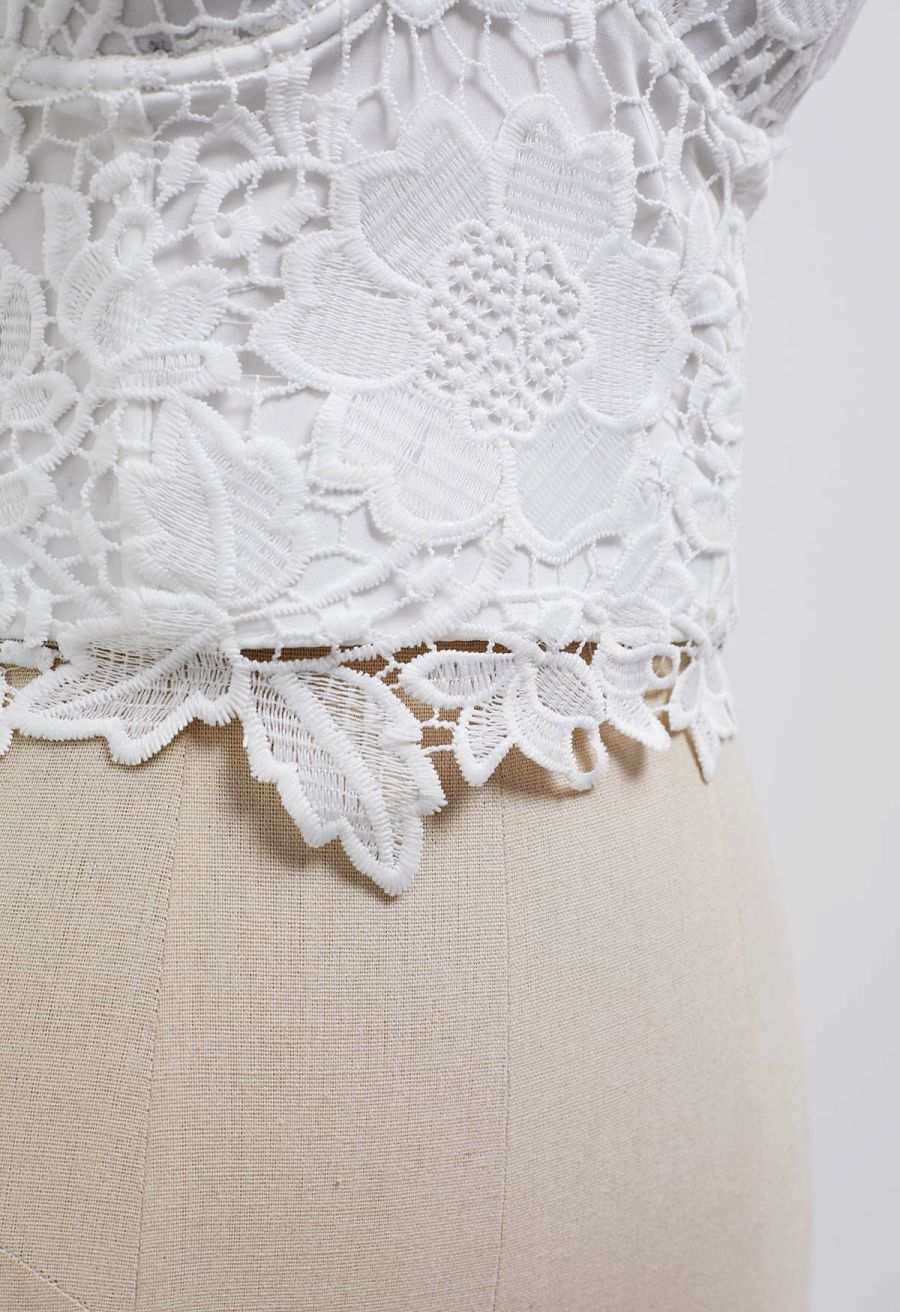 Floral Cutwork Lace Bustier Crop Top in White