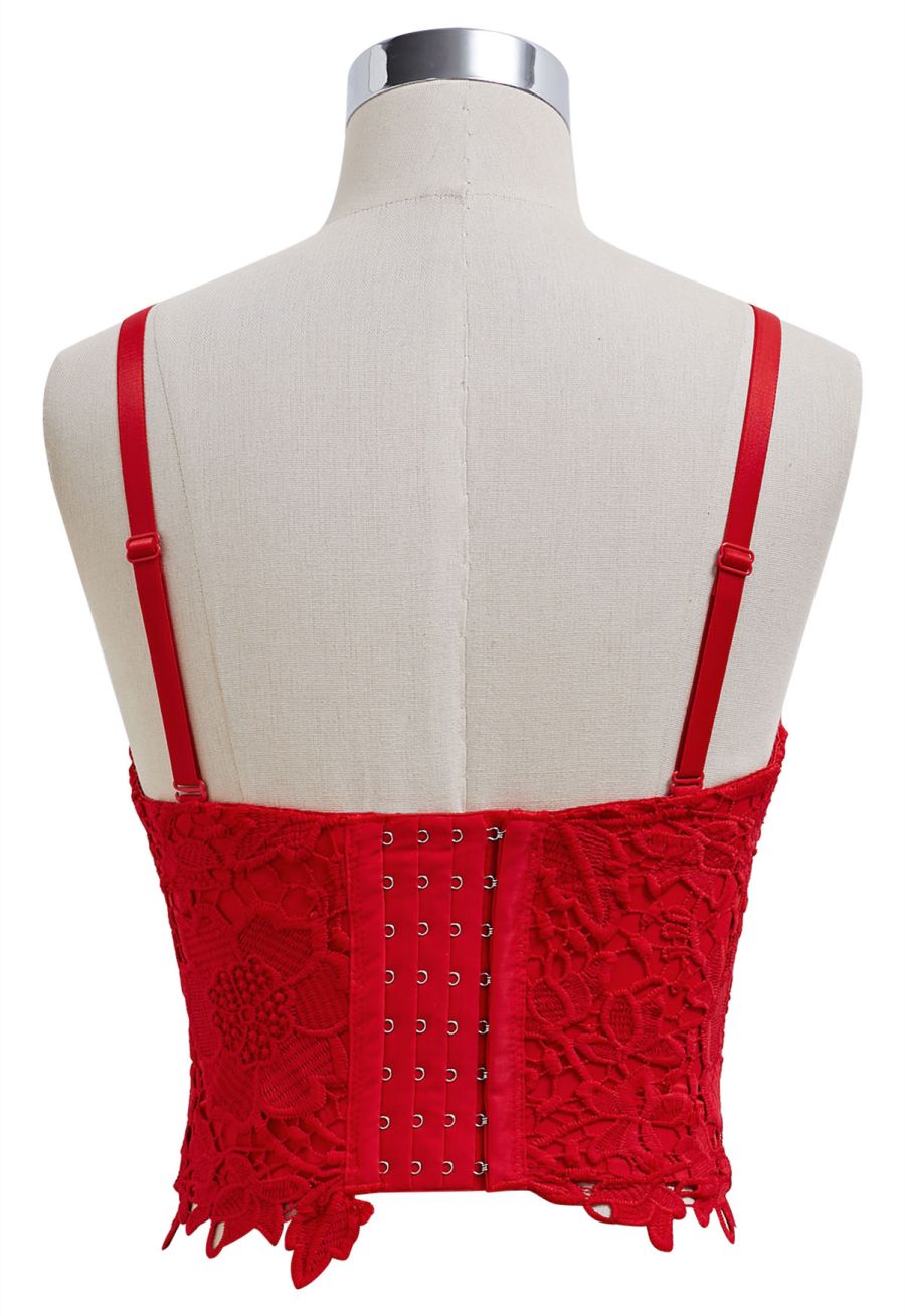 Floral Cutwork Lace Bustier Crop Top in Red