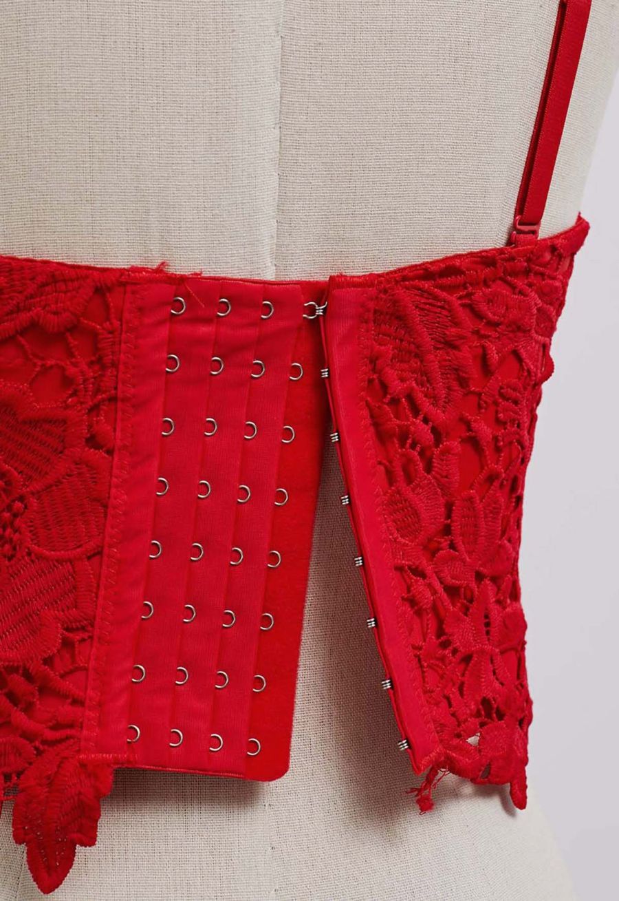 Floral Cutwork Lace Bustier Crop Top in Red