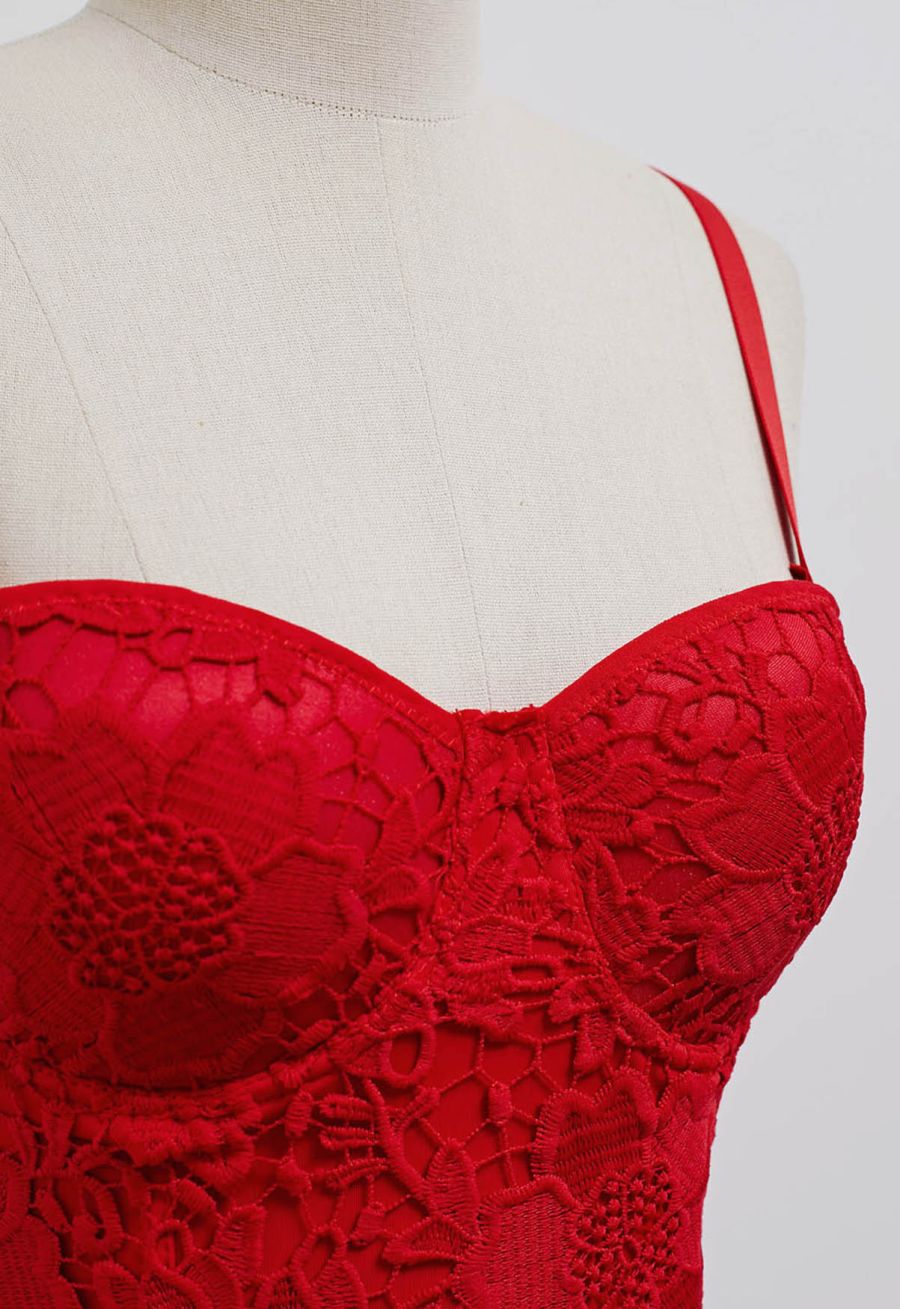 Floral Cutwork Lace Bustier Crop Top in Red
