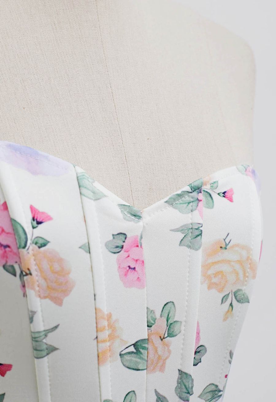 Floral Printed Corset Bustier Top in Ivory