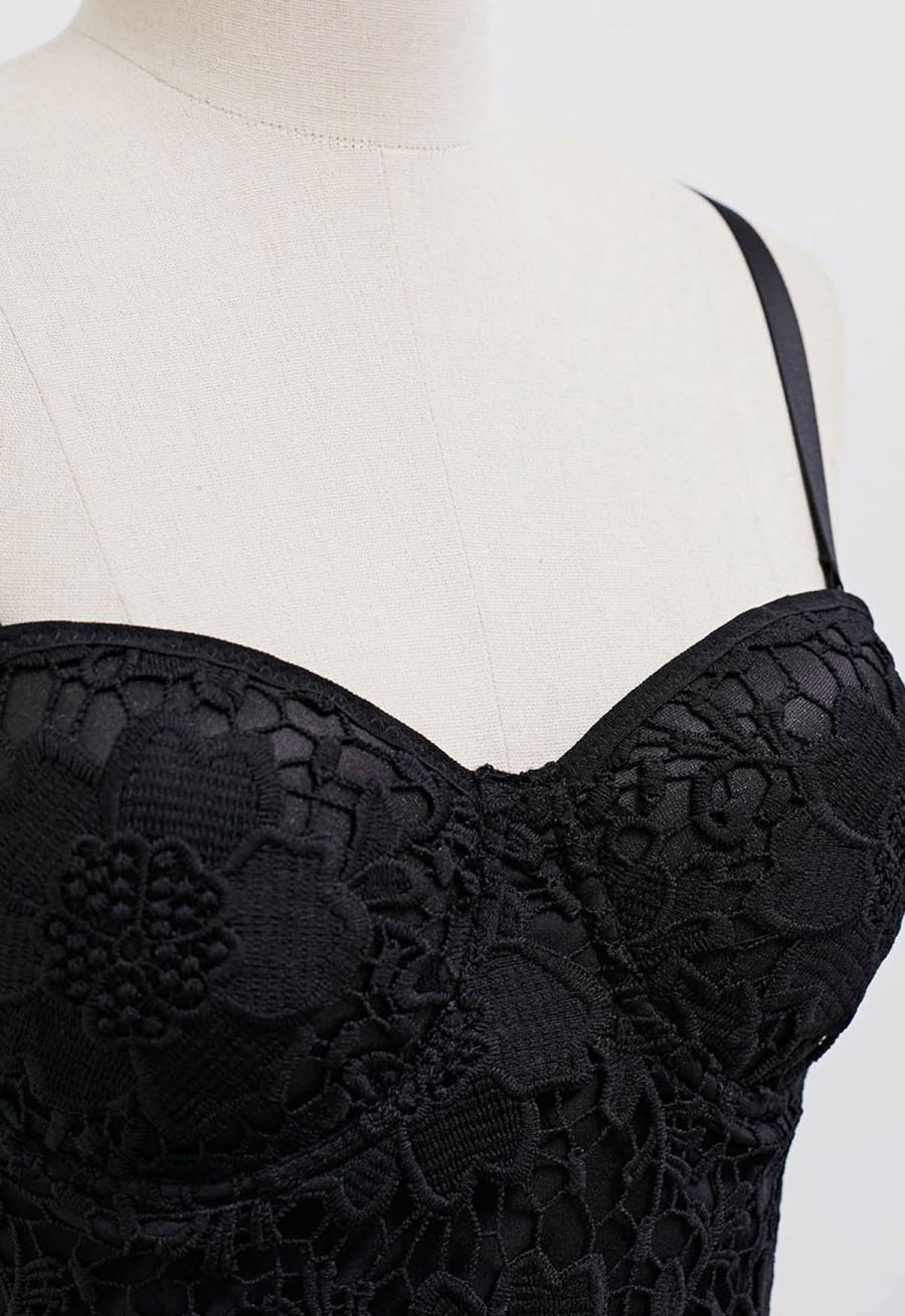 Floral Cutwork Lace Bustier Crop Top in Black