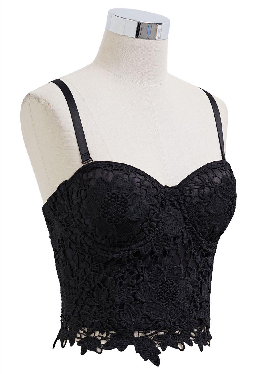 Floral Cutwork Lace Bustier Crop Top in Black
