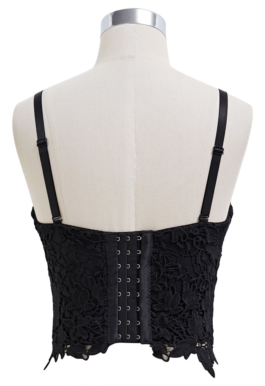 Floral Cutwork Lace Bustier Crop Top in Black