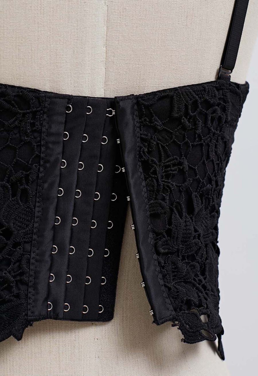 Floral Cutwork Lace Bustier Crop Top in Black
