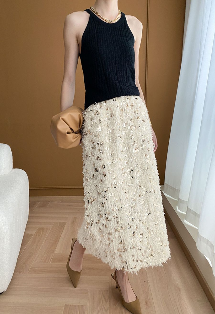 Full Feather Sequined Pencil Skirt in Cream