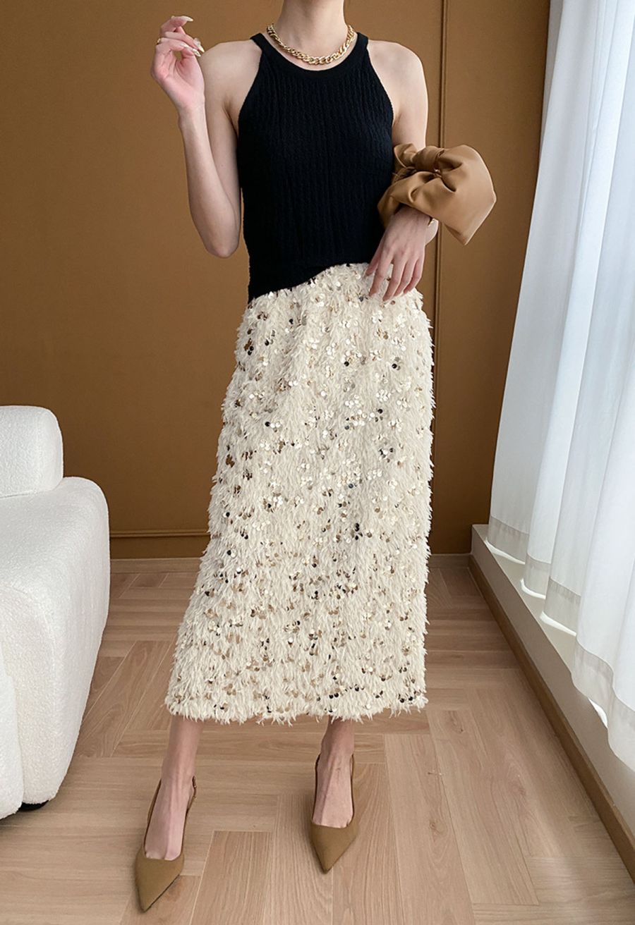 Full Feather Sequined Pencil Skirt in Cream