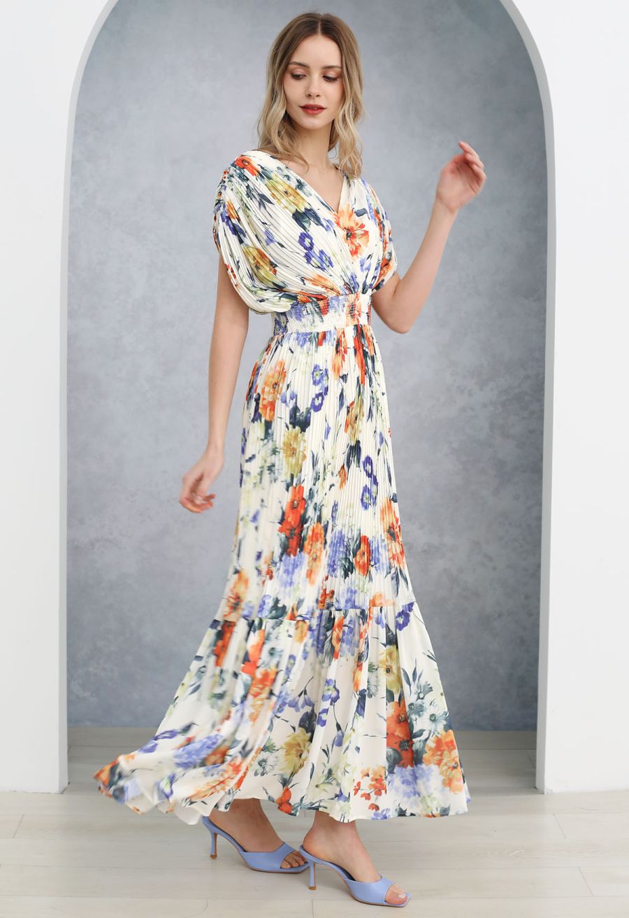 Vernal Blossom Pleated Maxi Dress
