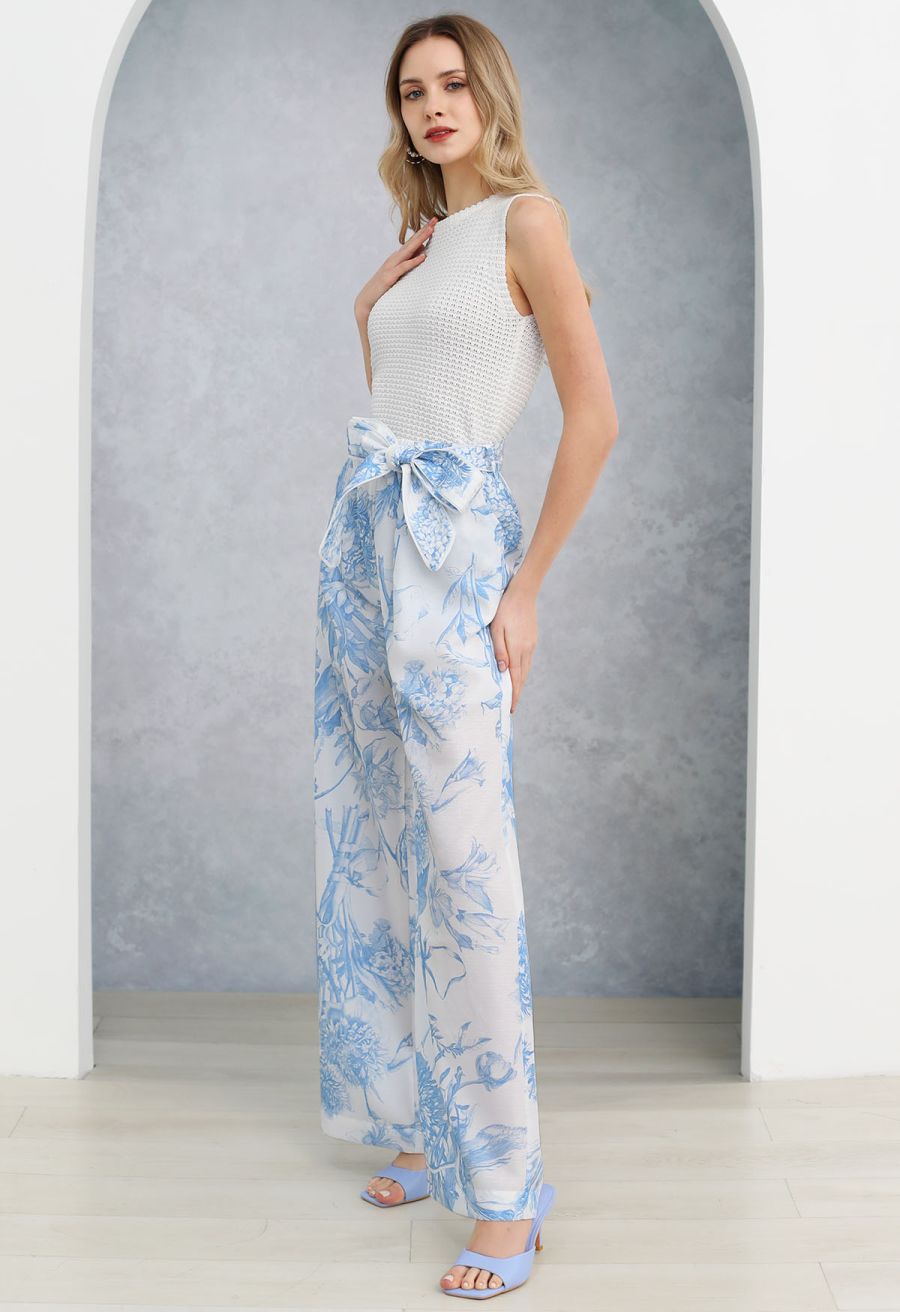 Blue Bouquet Printed Wide-Leg Pants