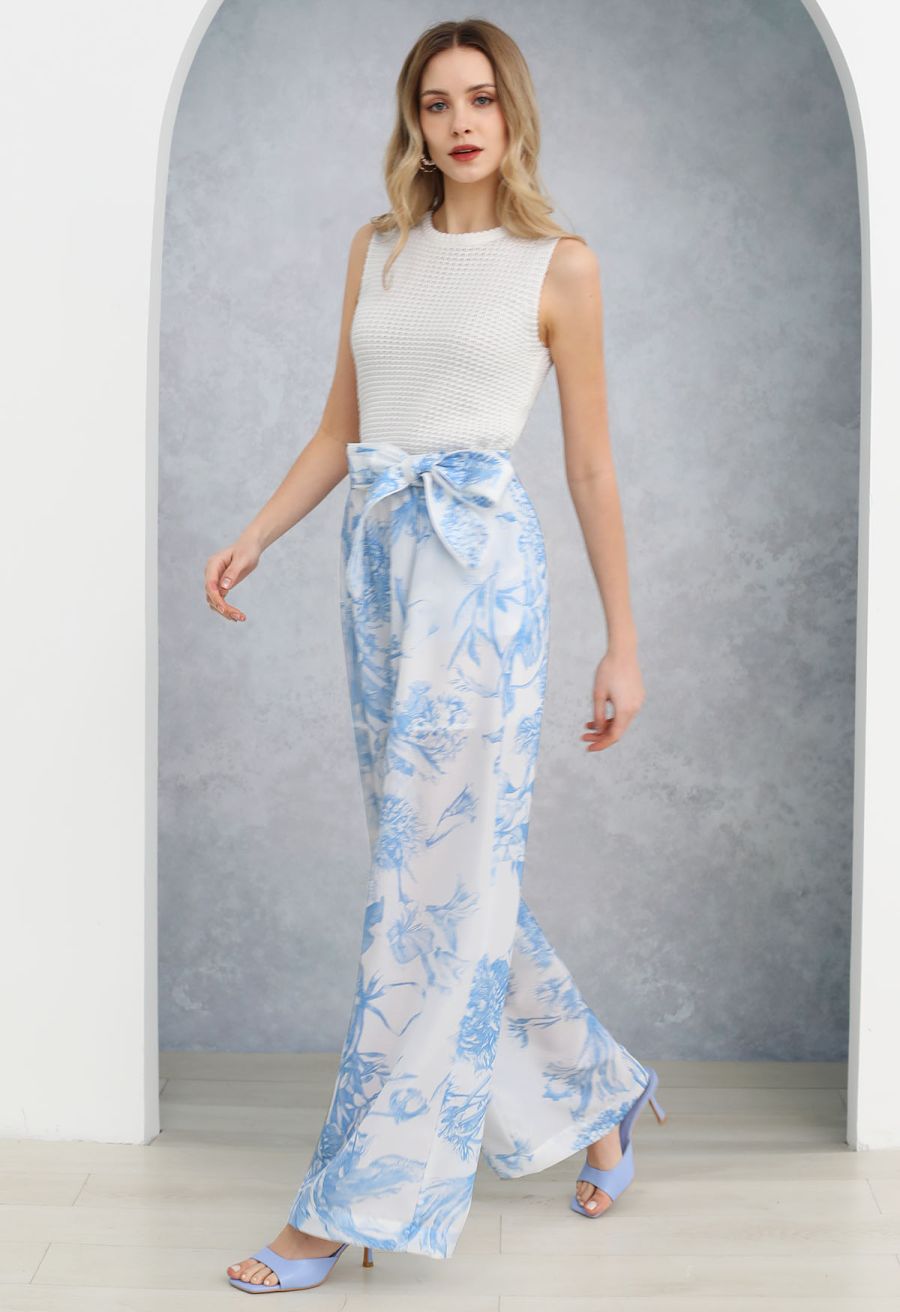 Blue Bouquet Printed Wide-Leg Pants