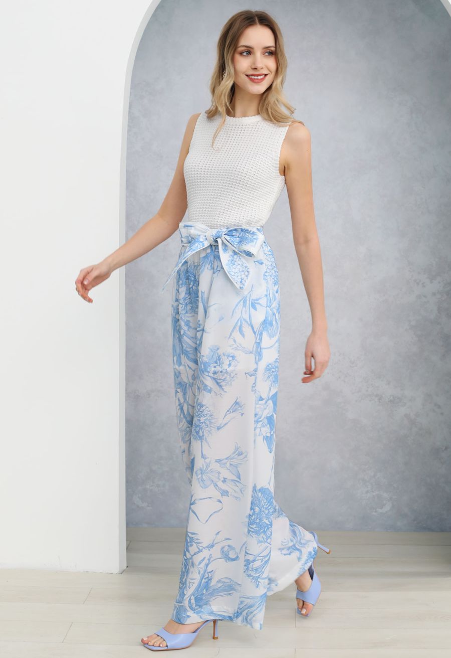 Blue Bouquet Printed Wide-Leg Pants