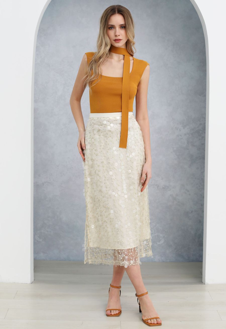 Square Neck Sleeveless Knit Top with Sash in Pumpkin