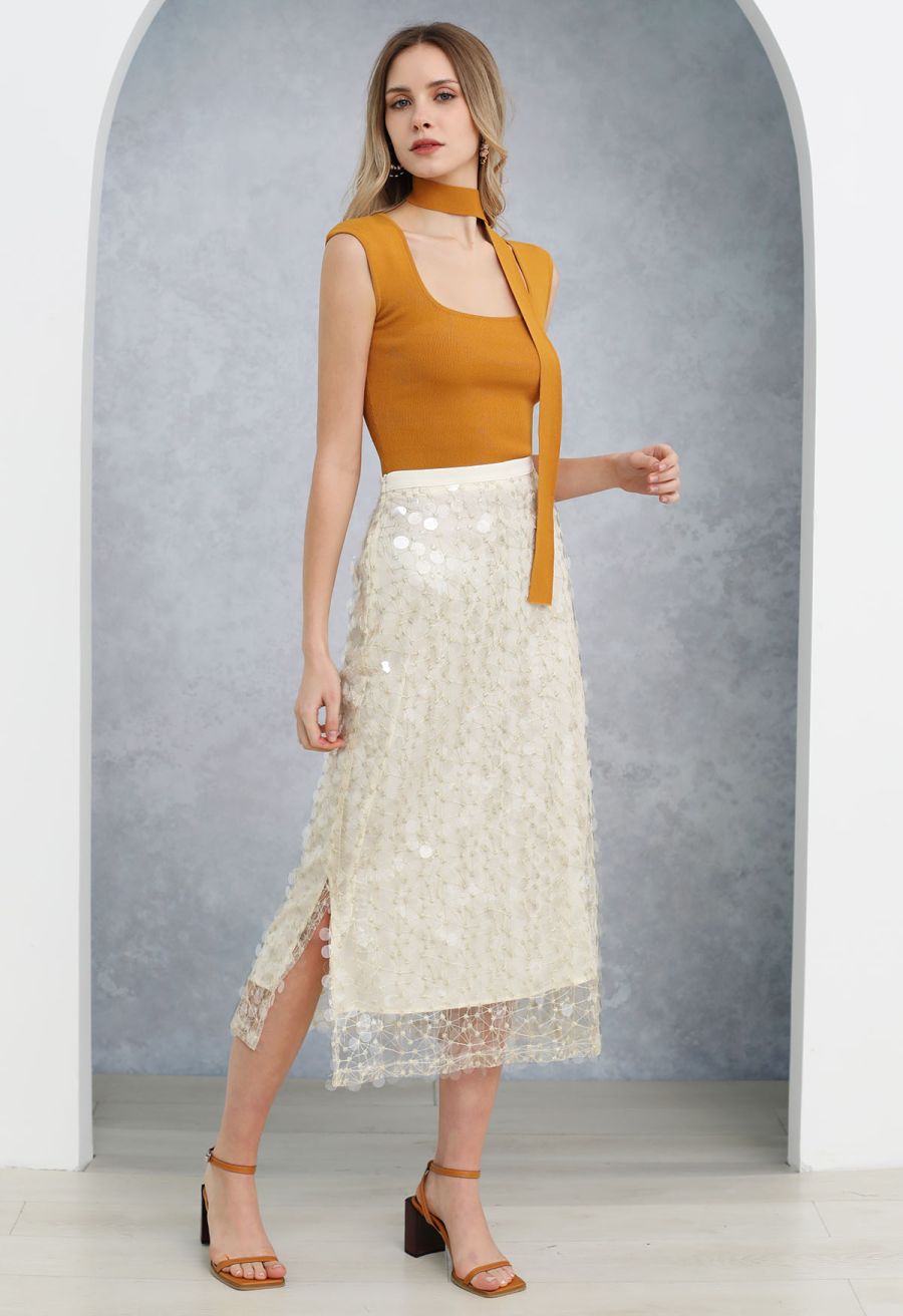 Square Neck Sleeveless Knit Top with Sash in Pumpkin