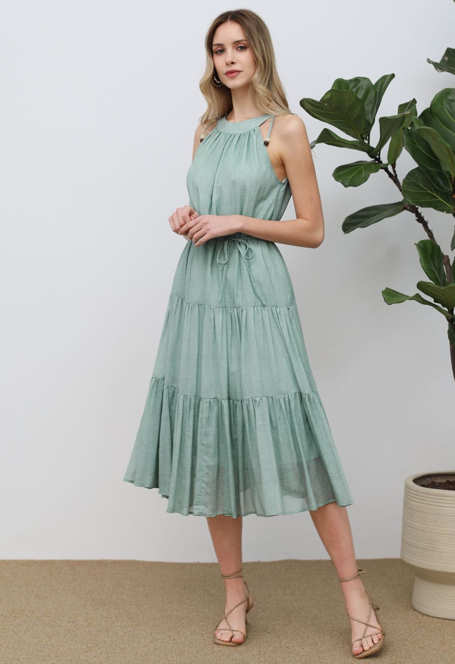Beaded Tie-Neck Halter Dress in Pea Green