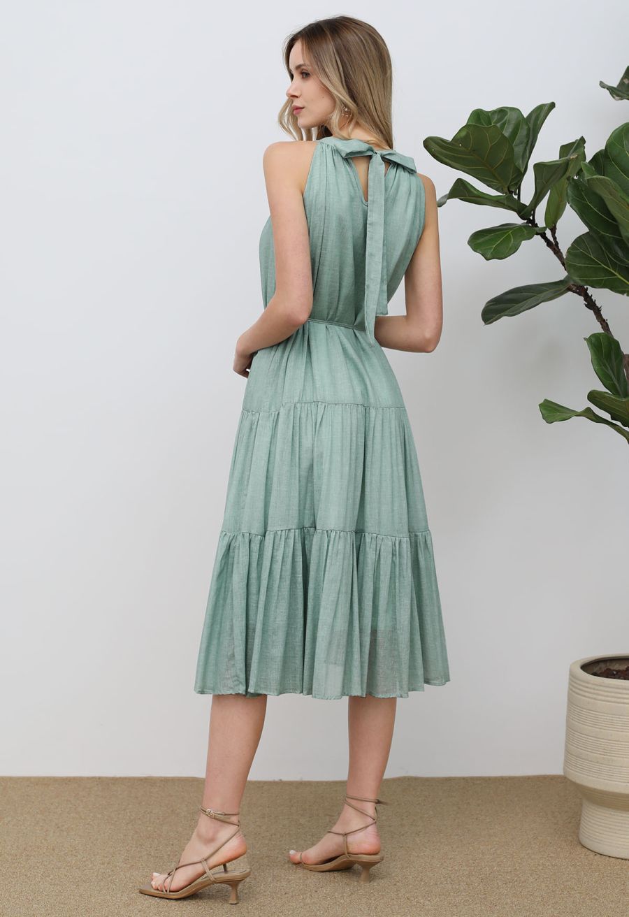 Beaded Tie-Neck Halter Dress in Pea Green