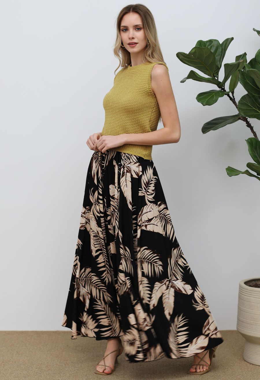 Palm Leaf Printed Chiffon Maxi Skirt