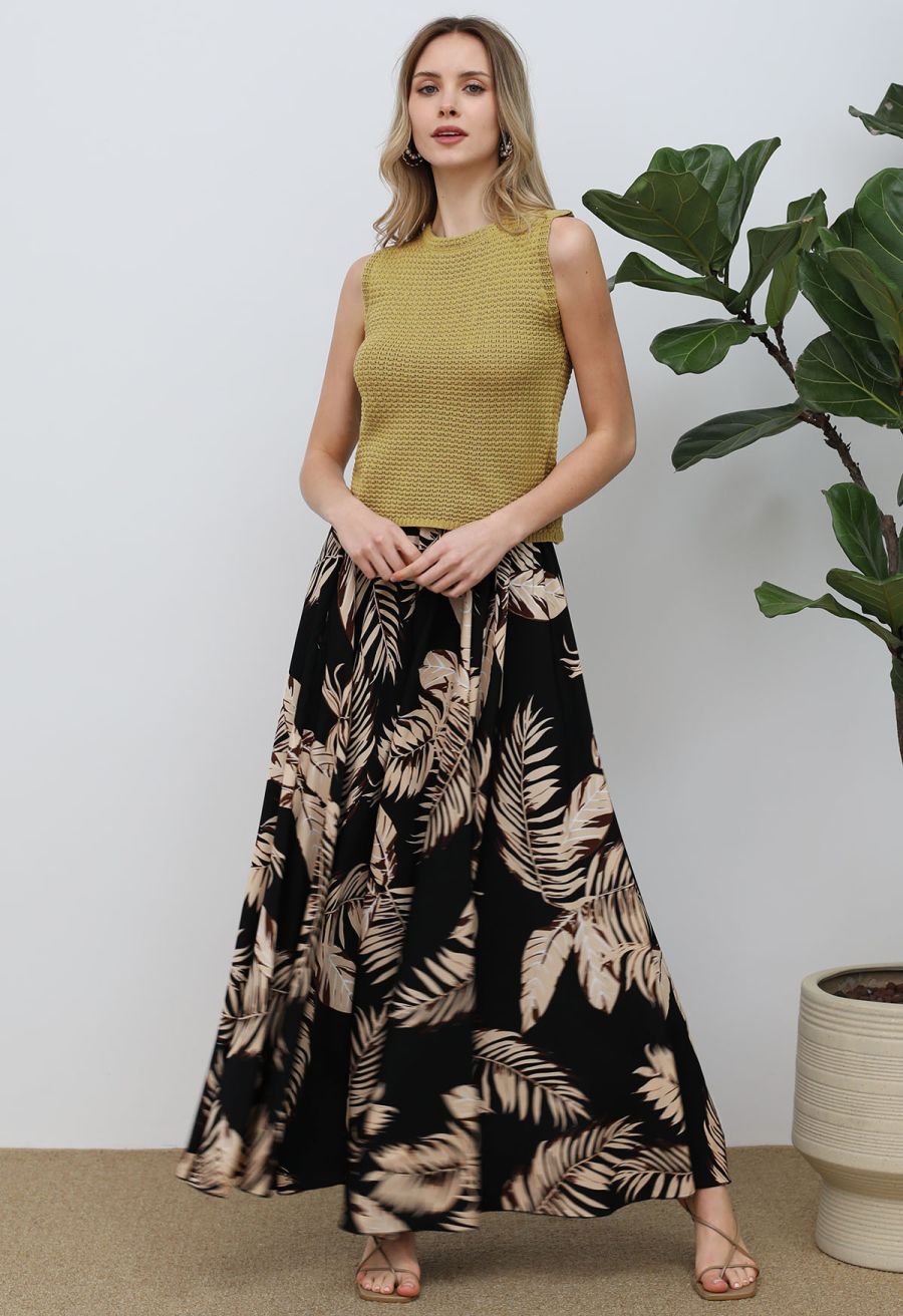 Palm Leaf Printed Chiffon Maxi Skirt