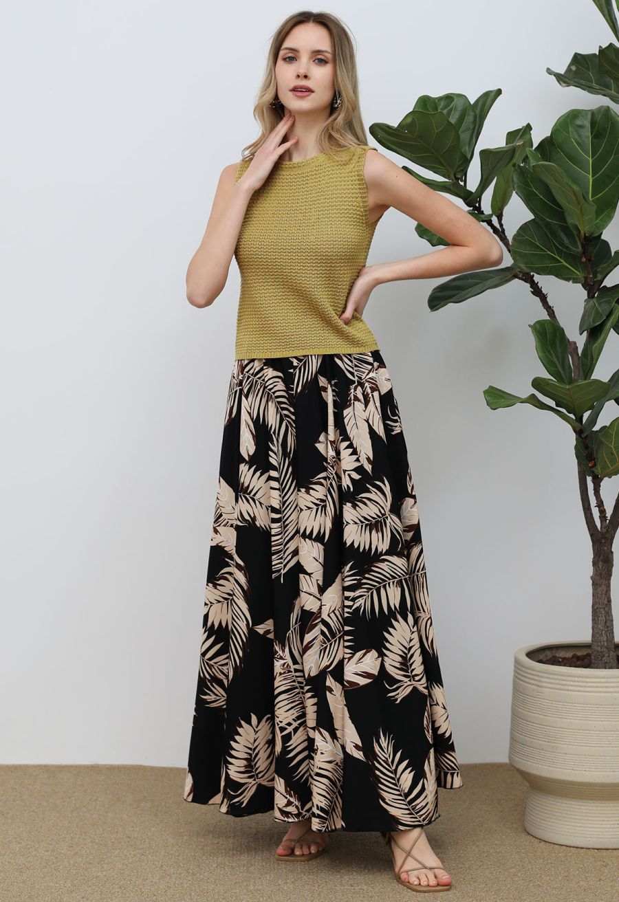 Palm Leaf Printed Chiffon Maxi Skirt