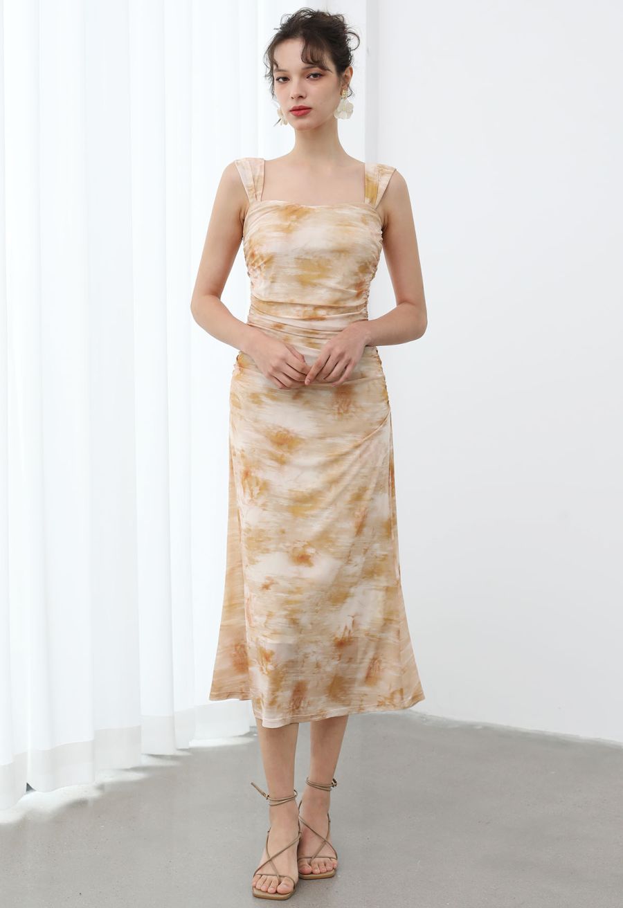 Watercolor Ruched Mesh Wide Strap Midi Dress in Orange