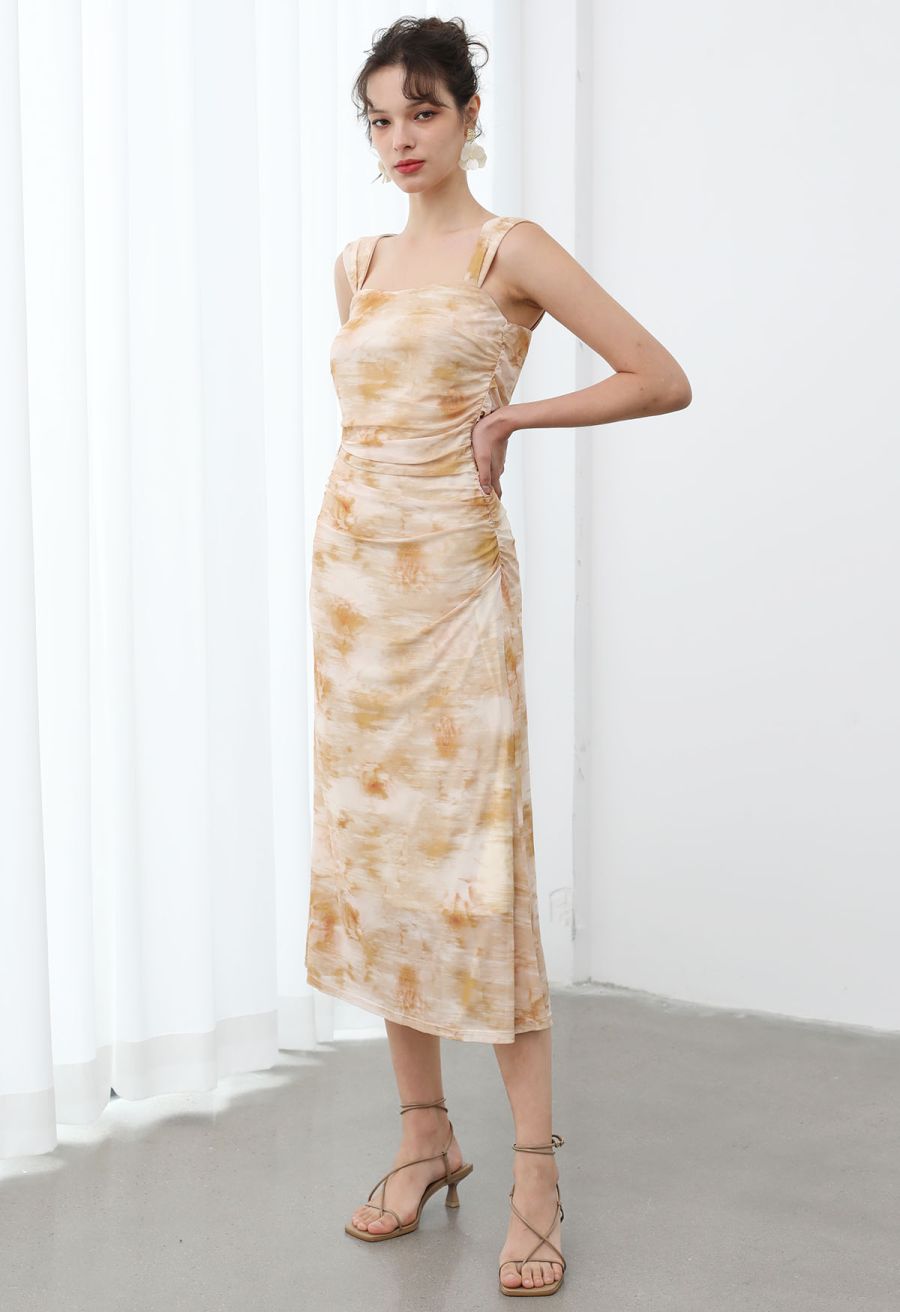 Watercolor Ruched Mesh Wide Strap Midi Dress in Orange