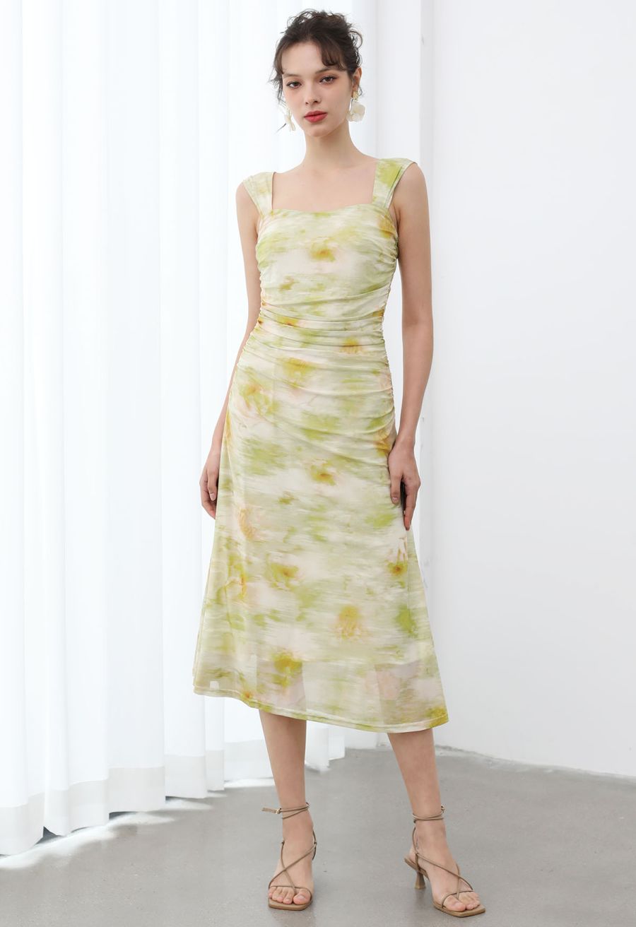 Watercolor Ruched Mesh Wide Strap Midi Dress in Pistachio