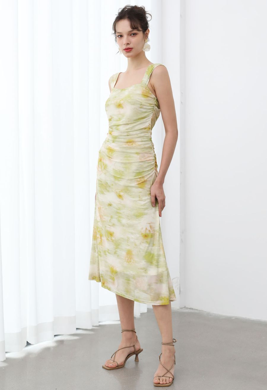 Watercolor Ruched Mesh Wide Strap Midi Dress in Pistachio