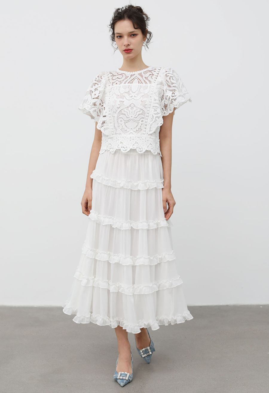 Delicate Cutie Cutwork Lace Flutter Sleeves Top in White