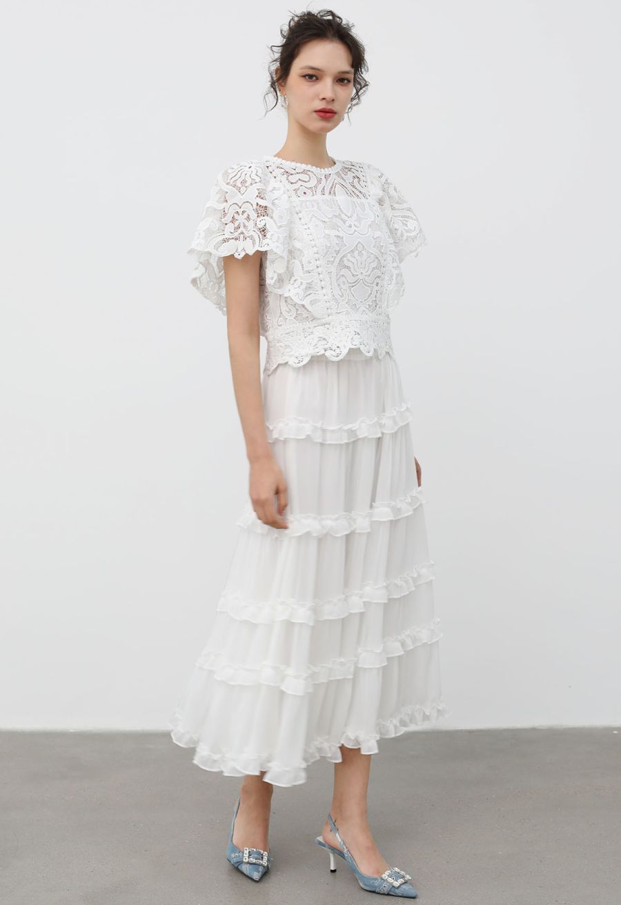 Delicate Cutie Cutwork Lace Flutter Sleeves Top in White