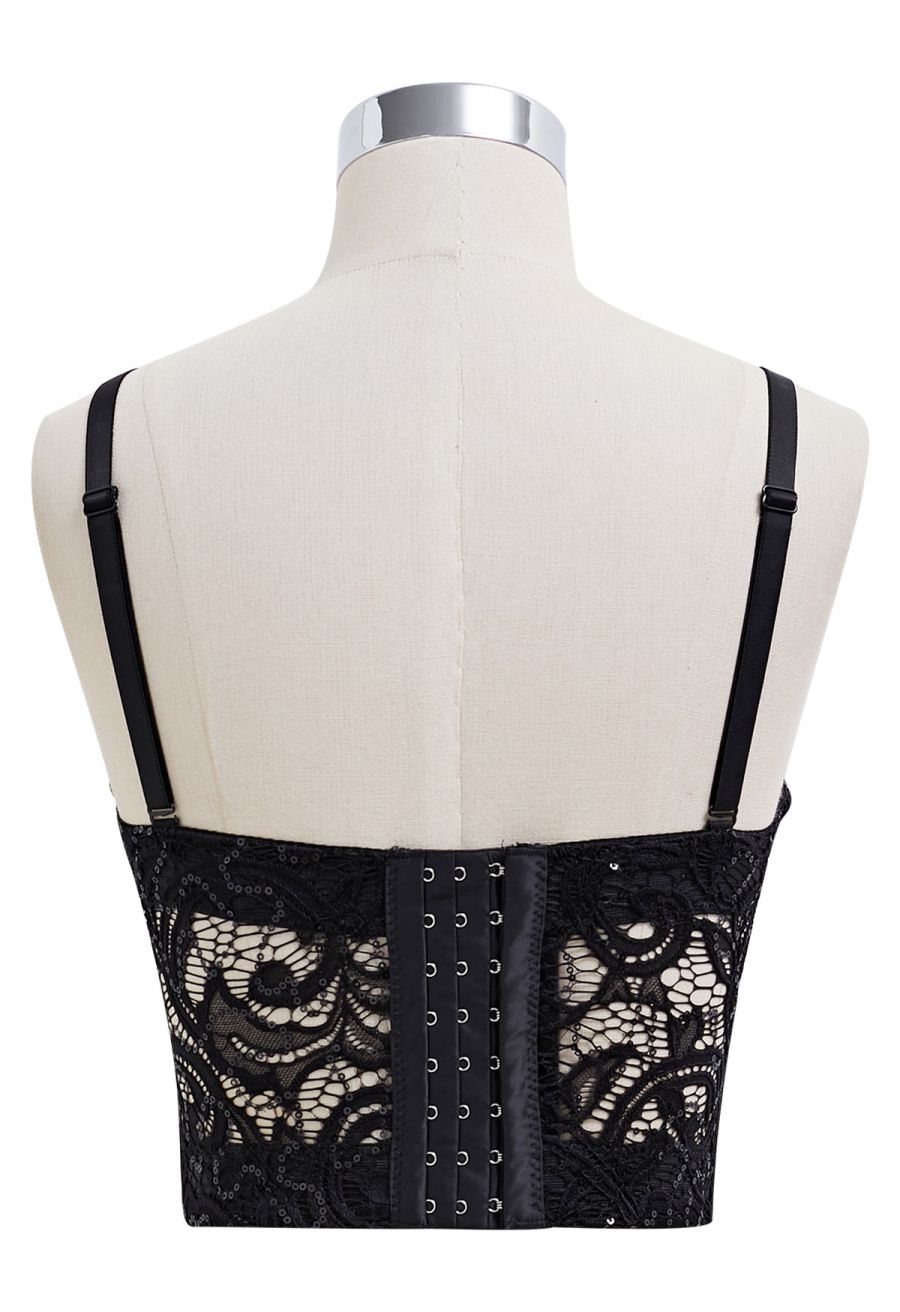 Sequined Lace Bustier Crop Top in Black