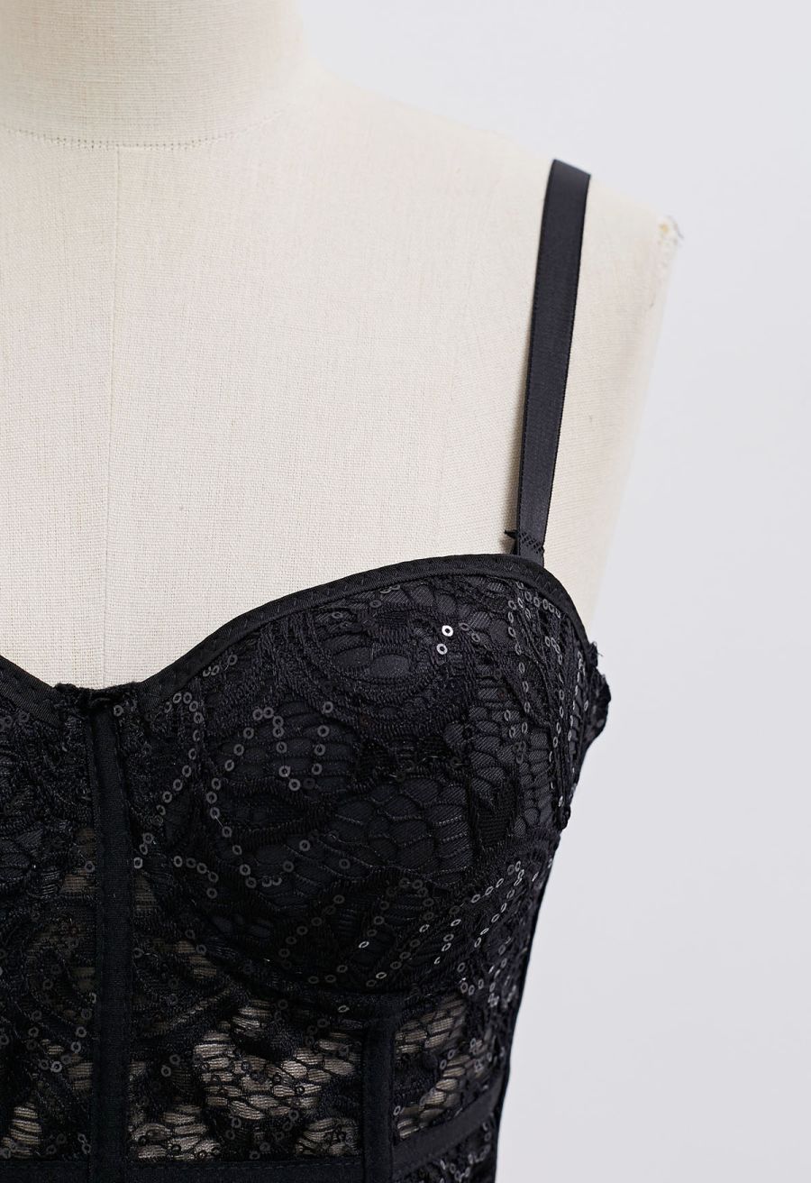Sequined Lace Bustier Crop Top in Black