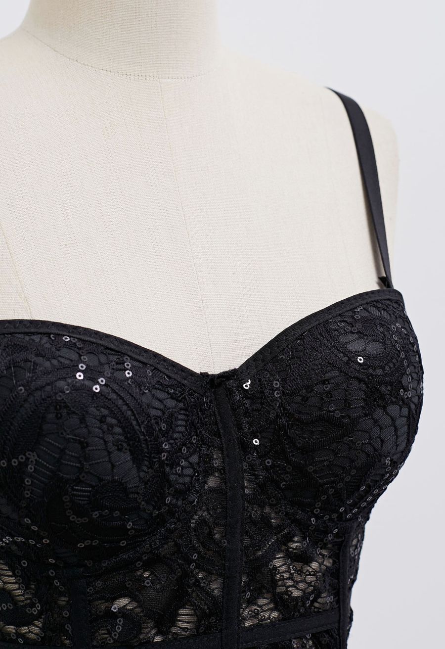 Sequined Lace Bustier Crop Top in Black