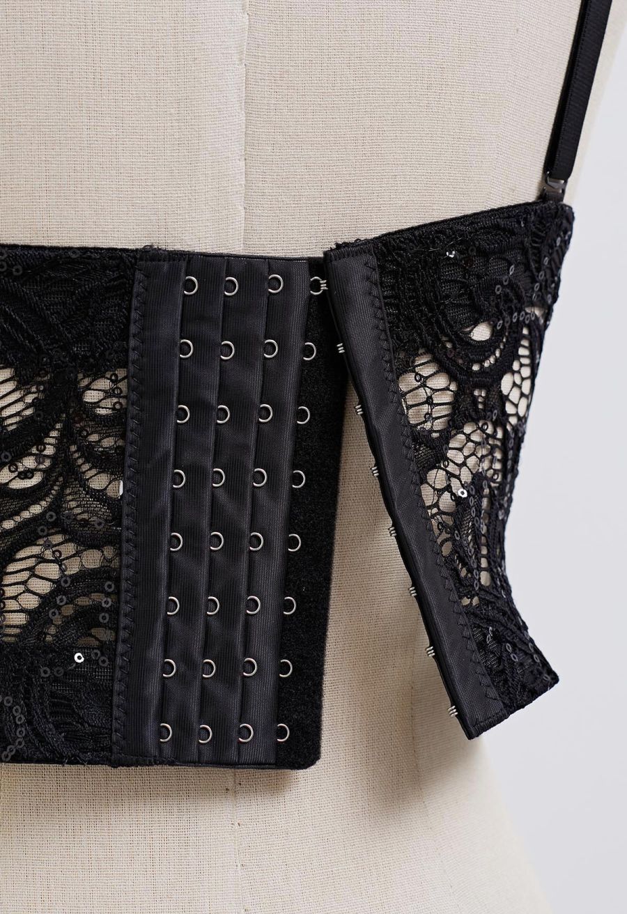 Sequined Lace Bustier Crop Top in Black