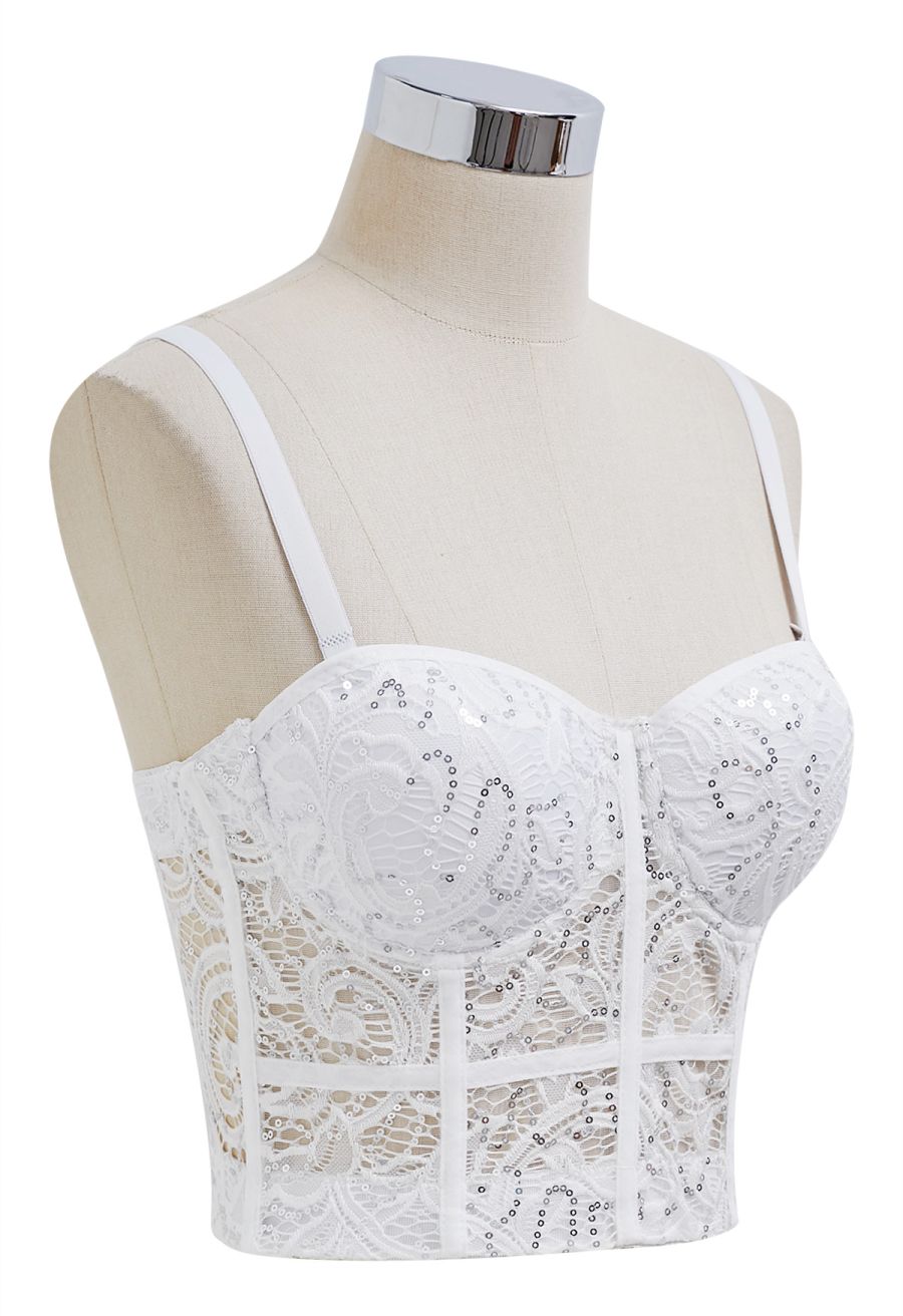 Sequined Lace Bustier Crop Top in White