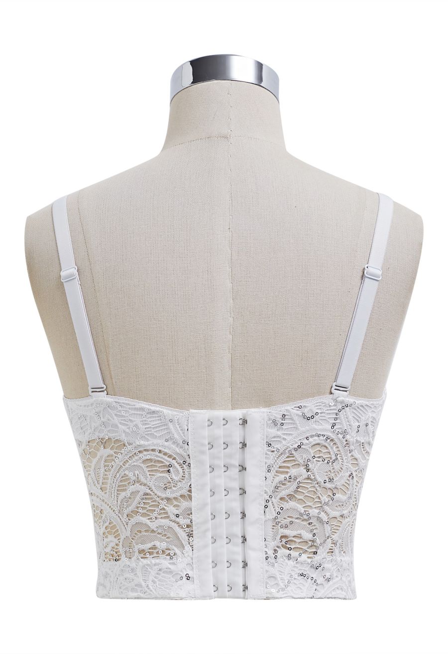 Sequined Lace Bustier Crop Top in White