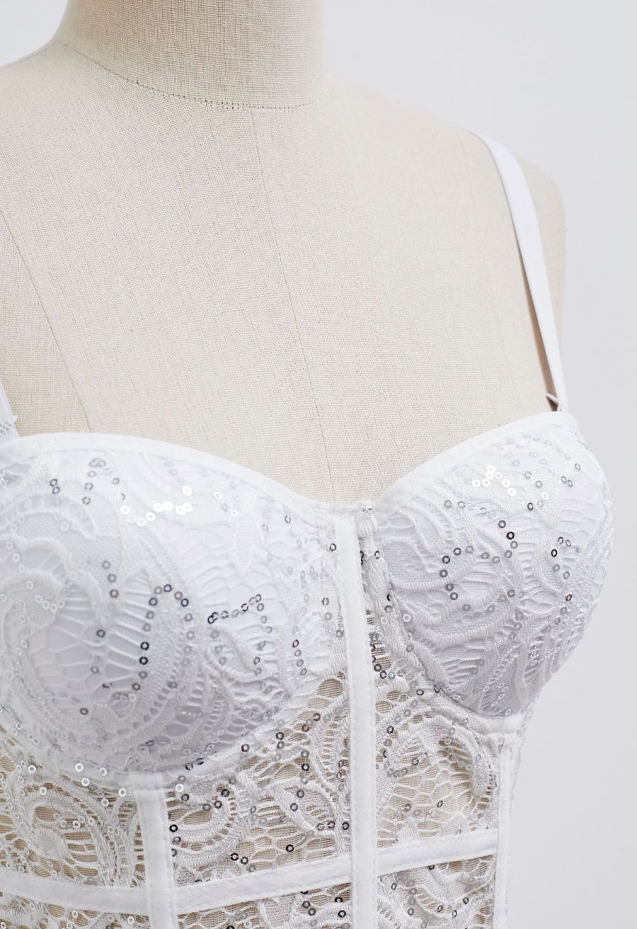 Sequined Lace Bustier Crop Top in White