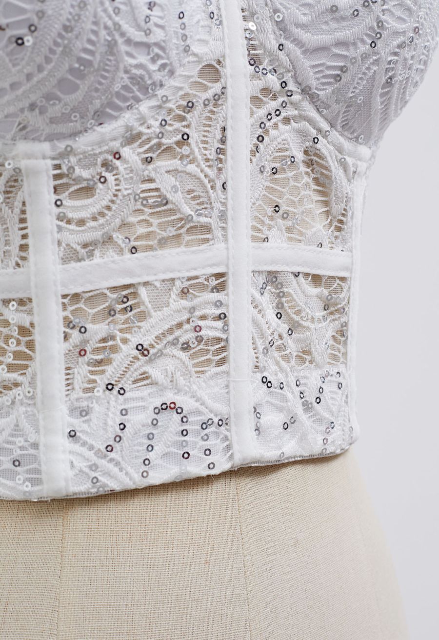 Sequined Lace Bustier Crop Top in White