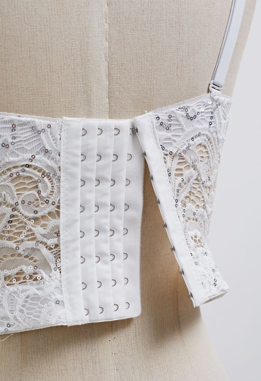 Sequined Lace Bustier Crop Top in White