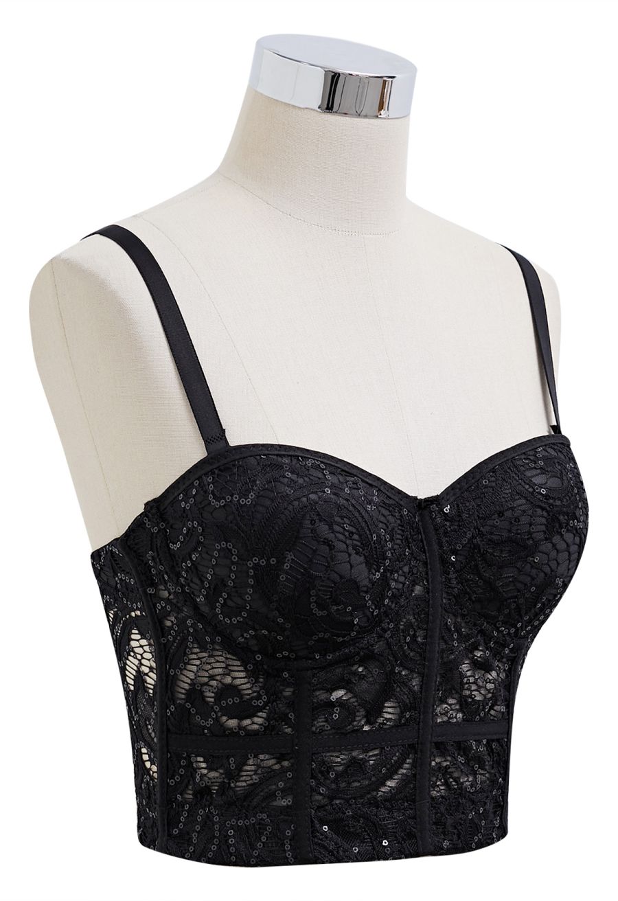 Sequined Lace Bustier Crop Top in Black