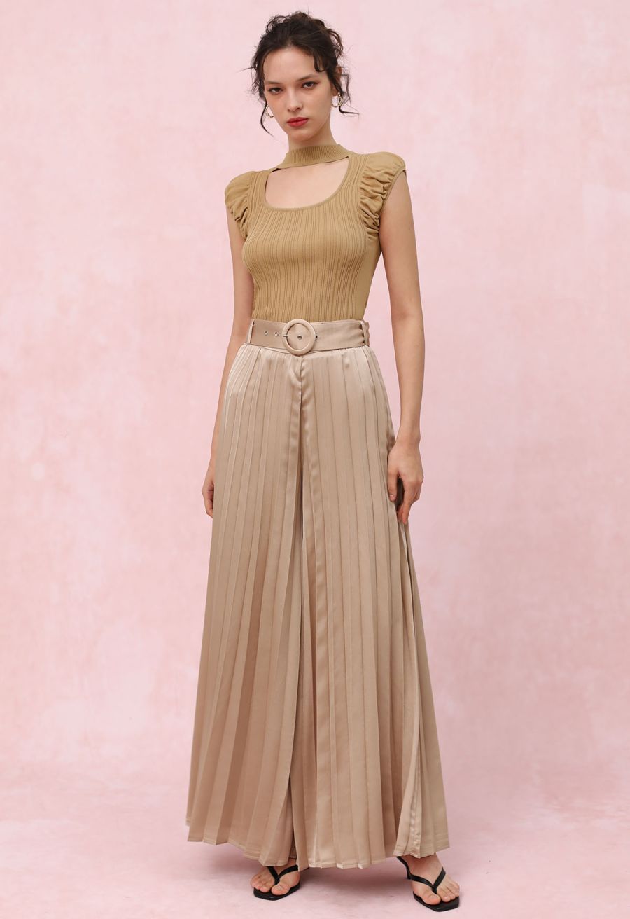 O-Ring Belt Pleated Wide-Leg Pants in Coral