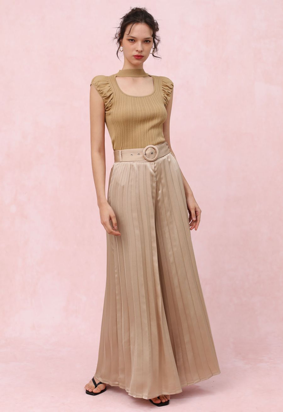 O-Ring Belt Pleated Wide-Leg Pants in Coral