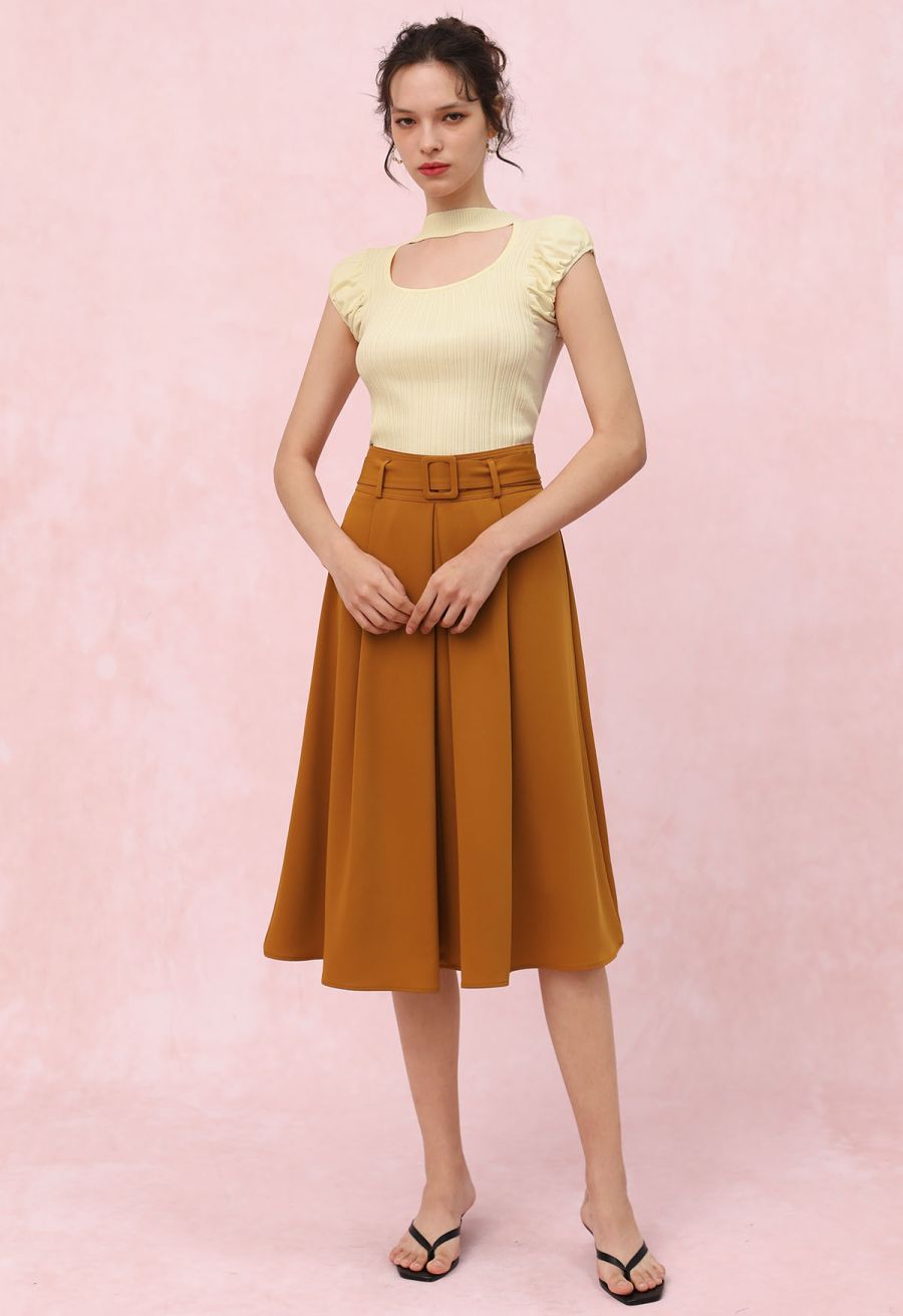 Choker Neck Ruched Cap Sleeves Knit Top in Light Yellow