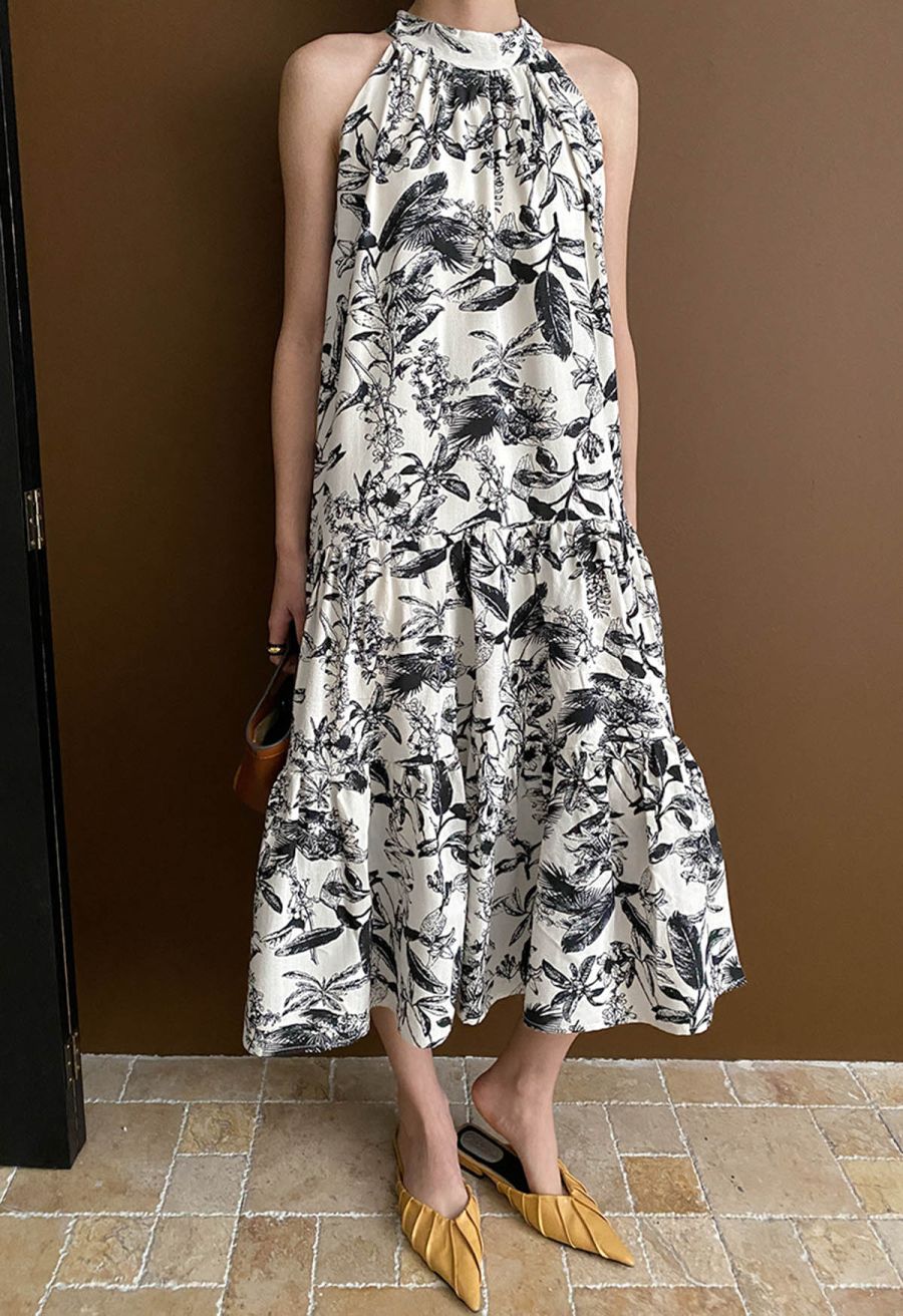 Ink Floral Print Halter Frilling Dress